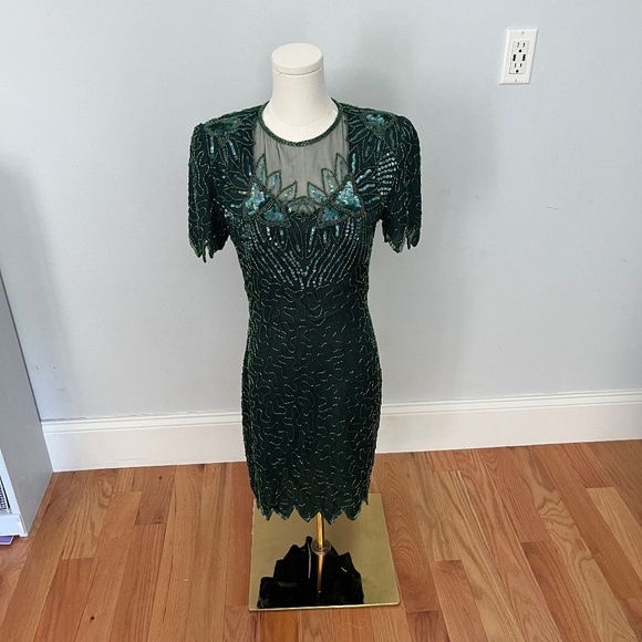 Denise Elle Dresses & Skirts - Denise Elle Vintage 80s Black Beaded Sequin Silk Cocktail Jagged Hem Dress PS